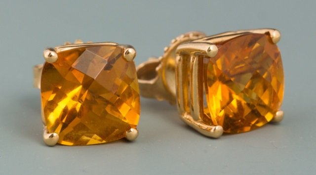 LADIES 14K YELLOW GOLD CITRINE STUD EARRINGS: LADIES 14K YELLOW GOLD CITRINE STUD EARRINGS 14K yellow gold, friction post, four prong earrings cradle two checkerboard cut citrines. Rich yellow-orange citrines measure 8mm by 8mm, and weigh about 4