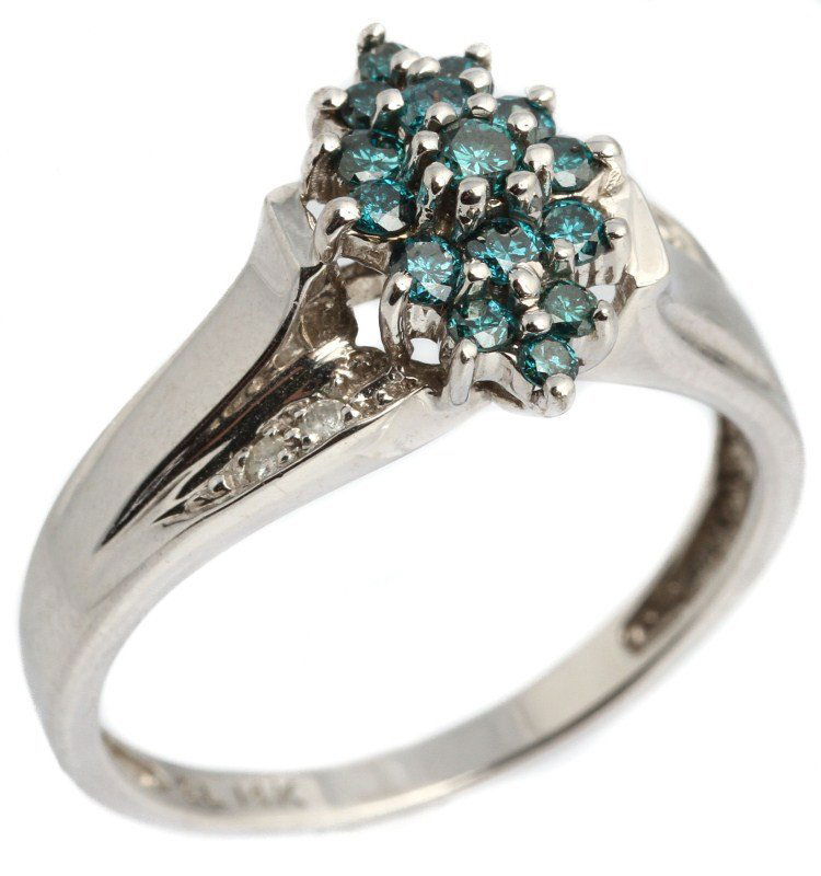 LADIES 14K GOLD BLUE & WHITE DIAMOND CLUSTER RING: LADIES 14K GOLD BLUE & WHITE DIAMOND CLUSTER RING 14K white gold cluster ring. 15 round cut blue diamonds in a marquise shape accented by 4 round cut white diamonds. Approximately 0.5 Ctw. Weight: 4.7