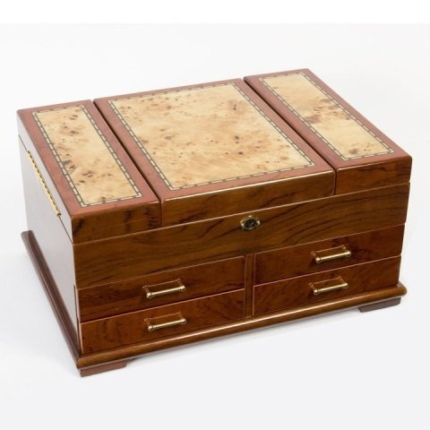 LARGE BUBINGA WOOD JEWELRY BOX: LARGE BUBINGA WOOD JEWELRY BOX Finely hand crafted Bubinga wood with Mapa inlay on the lid. Includes six drawers and two fold out shelves on top portion. The inside is a suede material with shirred po