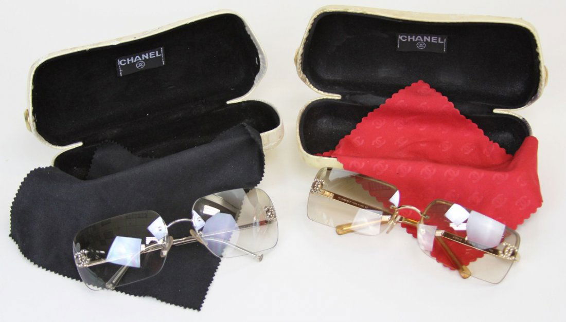 TWO CHANEL RIMLESS SUNGLASSES W/ CASES: TWO CHANEL RIMLESS SUNGLASSES W/ CASES Two Chanel Rimless Sunglasses With Cases, First is a Chanel rimless sunglass model# 4017D, marked Chanel c159/61, Second are rimless sunglasses model # 4104B, ma