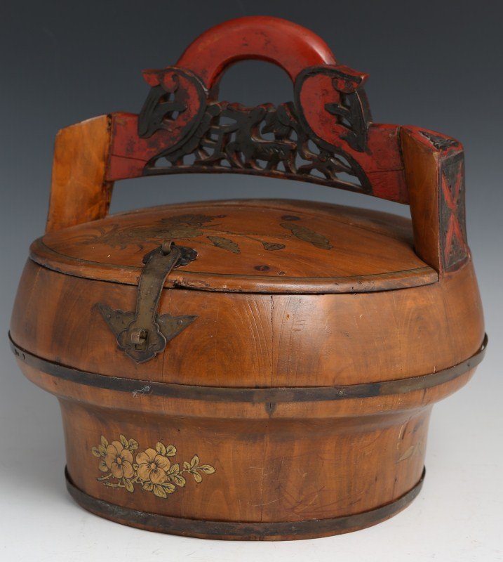 CHINESE QING DYNASTY WEDDING BOX: CHINESE QING DYNASTY WEDDING BOX Chinese Qing Dynasty wooden wedding box with arched handle used originally to carry food or the brides dowry. Box has an arched handle with carvings of a deer, monkey,