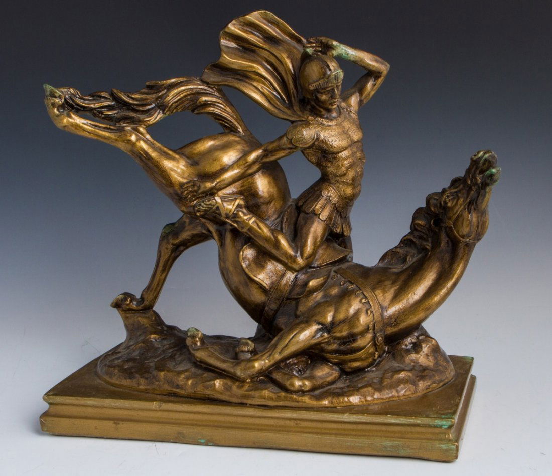 FALLING ROMAN ON HORSE STATUE: FALLING ROMAN ON HORSE STATUE Bronze painted plaster statue on rectangle base depicting a felled Roman and his horse. Faux patina. Size: 13.5 x 13.5 x 6"