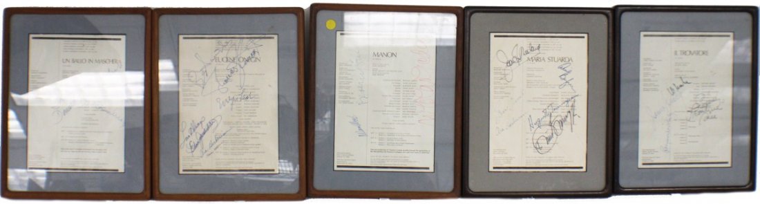 SAN FRANCISCO OPERA HOUSE AUTOGRAPH COLLECTION: SAN FRANCISCO OPERA HOUSE AUTOGRAPH COLLECTION Five framed Opera programs to include; Manon signed by Beverly Sills, Allan Monk, Nicoli Gedda. Il Trovatore signed by Leontyne Price, Raymond Wolansky, 