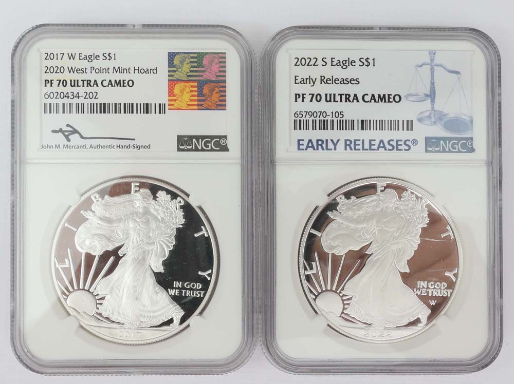 TWO UNITED STATES SILVER EAGLE COINS PROOF 70 NGC (1 of 2)