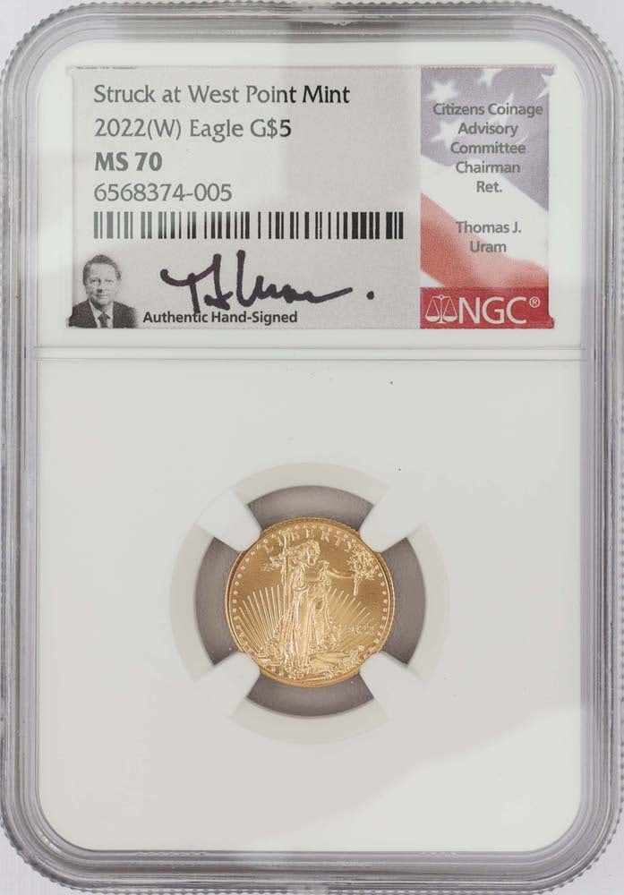 UNITED STATES 1/10th OUNCE GOLD EAGLE COIN MS 70: 1/10th ounce gold eagle coin 2022 West Point mint NGC graded MS 70 with none finer.