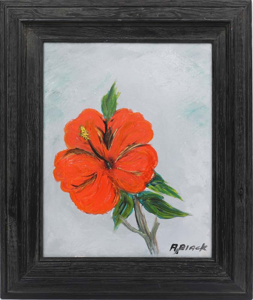 AL BLACK FLORIDA HIGHWAYMEN RED HIBISCUS STUDY: Black, Albert “Blood” (1947-2025) Florida Highwaymen Painting. Oil on Canvas - signed lower right. Executed in Brush. Al Black’s study of a red hibiscus offers a rare glimpse into hi