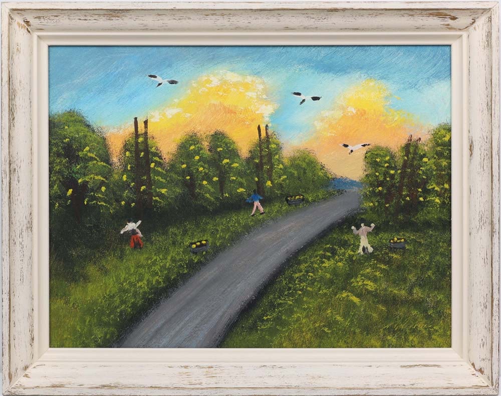 AL BLACK FLORIDA HIGHWAYMEN CITRUS GROVES: Black, Albert “Blood” (1947-2025) Florida Highwaymen Painting. Oil on Masonite - signed lower right. Executed in brushwork. Al Black depicts the labor of Florida’s citrus groves, wit