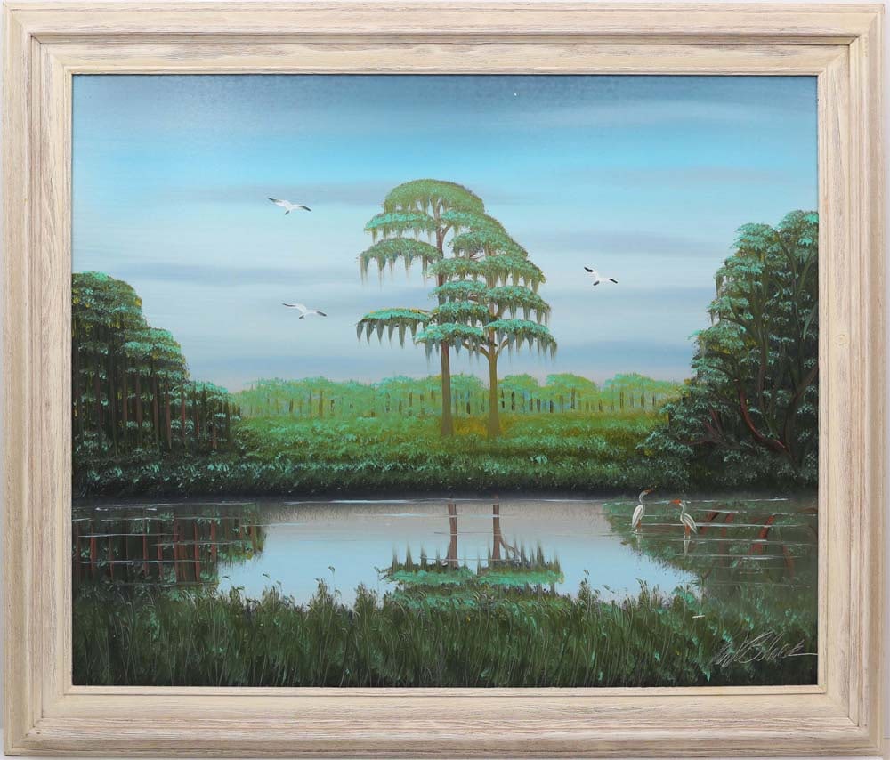 AL BLACK FLORIDA HIGHWAYMEN CYPRESS CALM: Black, Albert “Blood” (1947-2025) Florida Highwaymen Painting. Oil on Masonite - signed lower right. Executed in brush. Al Black’s wetland scenes often merge drama with devotional ca