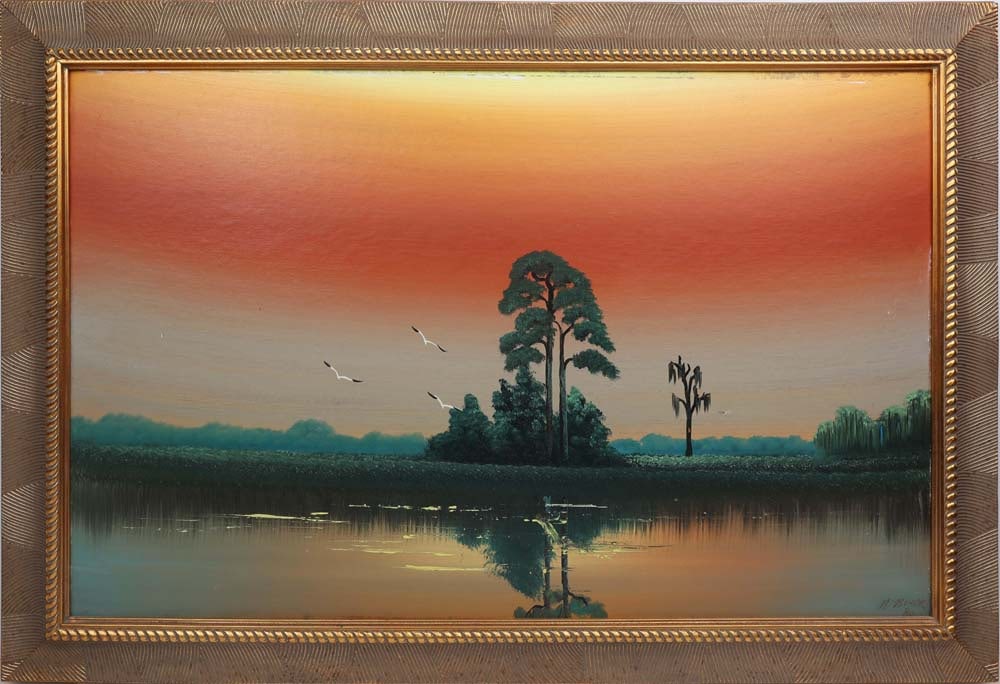 AL BLACK FLORIDA HIGHWAYMEN SPOIL ISLAND SUNSET: Black, Albert “Blood” (1947-2025) Florida Highwaymen Painting. Oil on Upson - signed lower right 1980. Executed in brush. An early Al Black wetland unfolds with a quiet, devotional stillne