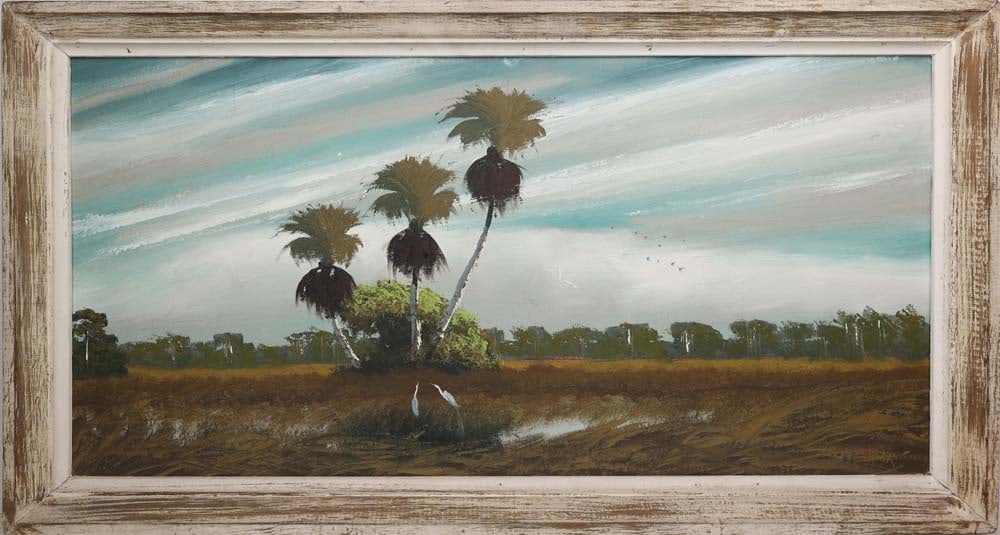 ALFRED HAIR FLORIDA HIGHWAYMEN HAIR OMEGA PERIOD: Hair, Alfred (1941-1970) Florida Highwaymen Painting. Oil on orange peel Upson - signed lower left. Executed in Palette knife upon a field of brushwork. Alfred Hair’slarge-format wetland paintin