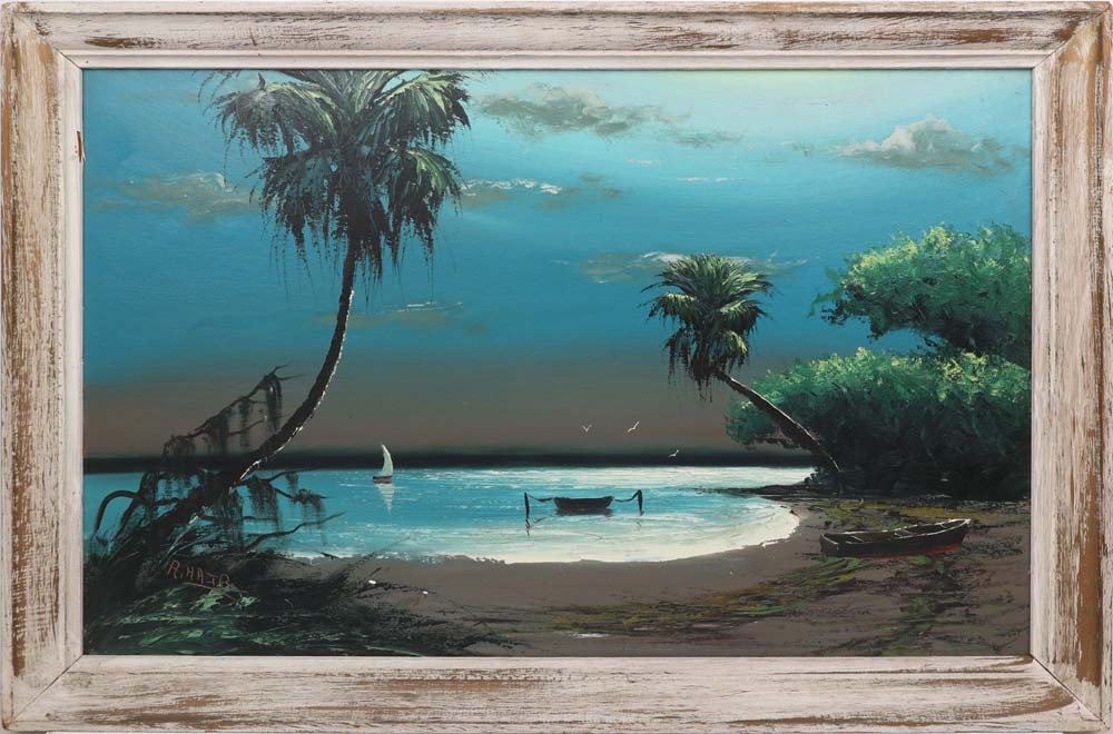 ALFRED HAIR FLORIDA HIGHWAYMEN MOONLIT SAIL: Hair, Alfred (1941-1970) Florida Highwaymen painting. Oil on orange peel Upson - signed lower left. Executed with brush and palette knife. Flotsam gathers along the beach, its scattered forms groundin