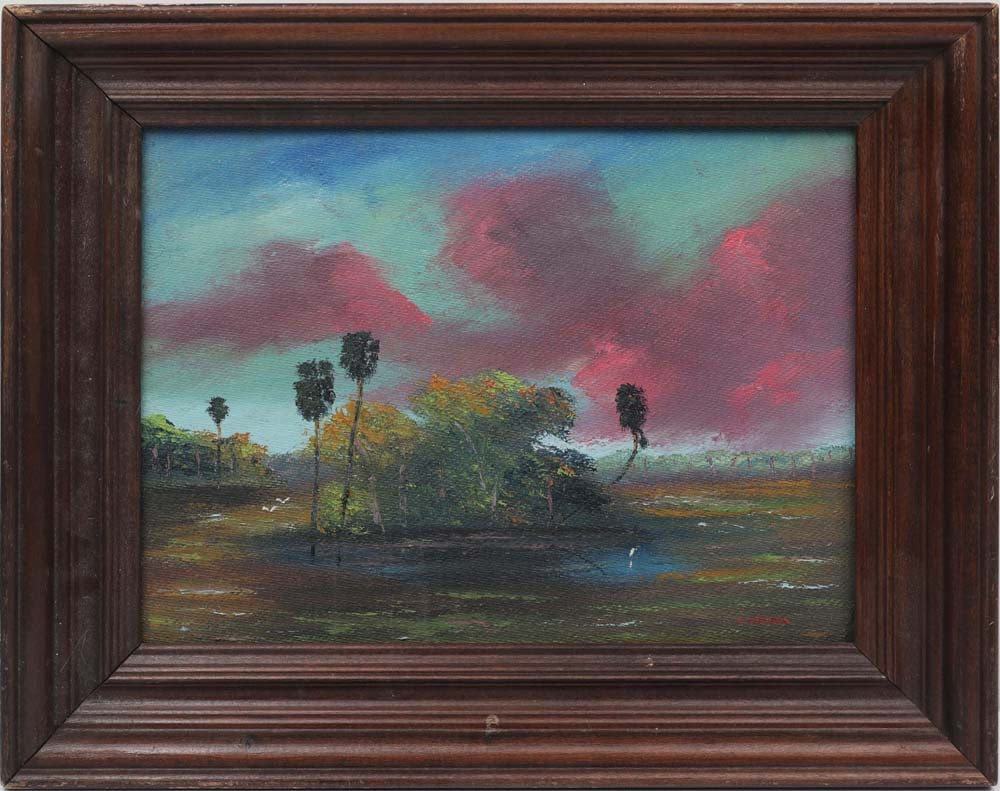 CHICO WHEELER FLORIDA HIGHWAYMEN MOSSLIGHT ISLE: Wheeler, Charles “Chico” (1946-2019) Florida Highwaymen Painting. Oil on Masonite - signed lower right. Executed in palette knife. Chico Wheeler’s classic wetland scene reflects his 