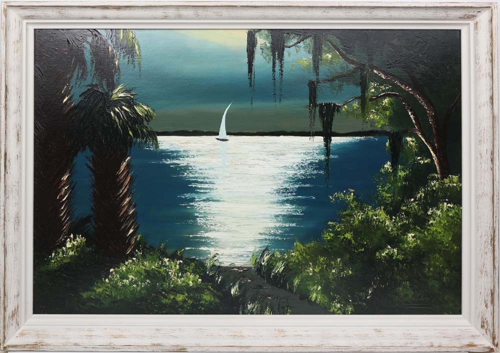 GEORGE BUCKNER FLORIDA HIGHWAYMEN MOONLIGHT SAIL: Buckner, George (1942-2002) Florida Highwaymen Painting. Oil on Orange Peel Upson - signed lower right. Executed with brush and palette knife. The moon casts a sharp white reflection across deep blue 