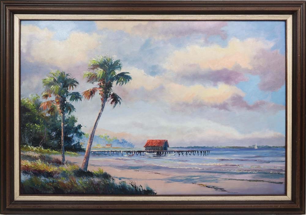 HAROLD NEWTON FLORIDA HIGHWAYMEN NET MENDERS SHACK: Newton, Harold (1934-1994) Florida Highwaymen painting. Oil on transitional Masonite - signed lower right. Executed with brush and palette knife. A net-mender’s shack anchors the composition, re