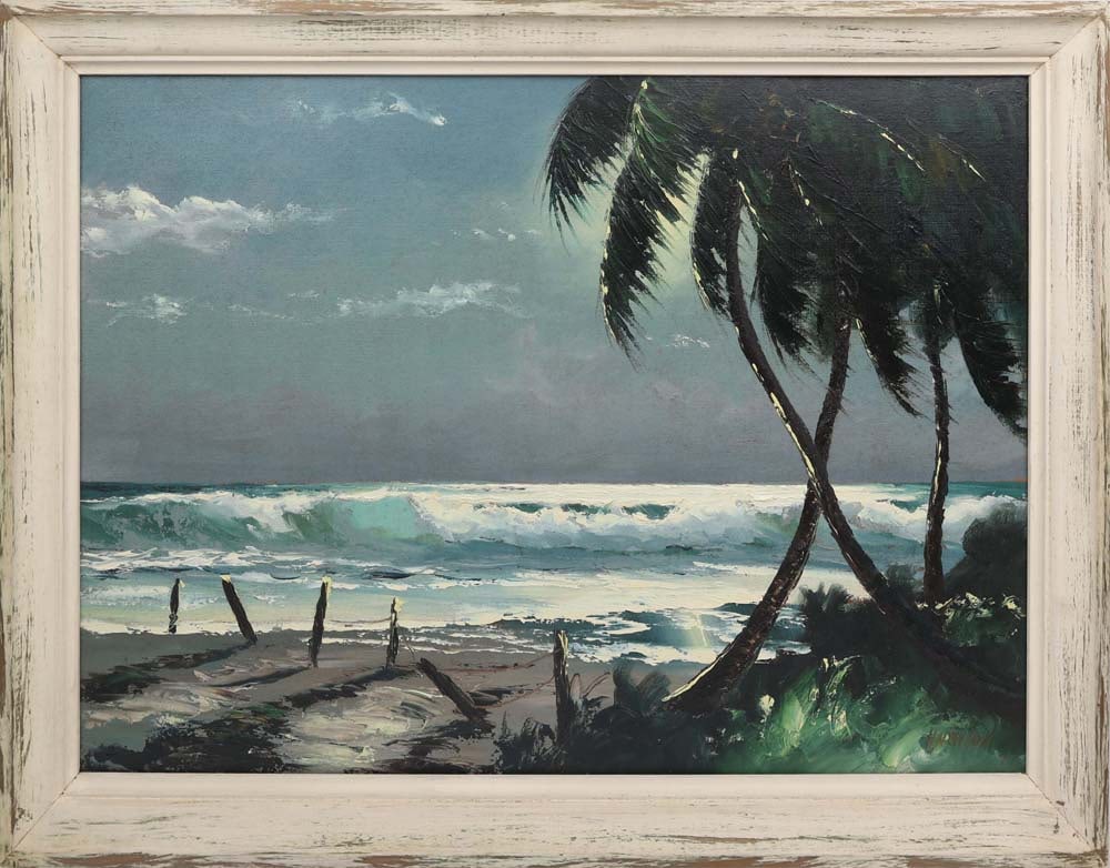 HAROLD NEWTON FLORIDA HIGHWAYMEN MOONLIT OCEAN: Newton, Harold (1934-1994) Florida Highwaymen Painting. Oil on Upson - signed lower right. Executed with bush and palette knife. Moonlight slips through swaying palm fronds, catching on a blue-gray sk