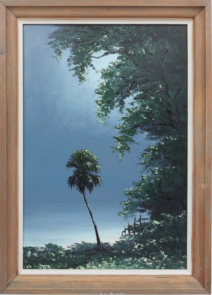HAROLD NEWTON FLORIDA HIGHWAYMEN MISTY MOONLIGHT: Newton, Harold (1934-1994) Florida Highwaymen Painting. Oil on Masonite - signed lower right. Executed with brush and palette knife. A massive tree frames the composition, its form built through layer