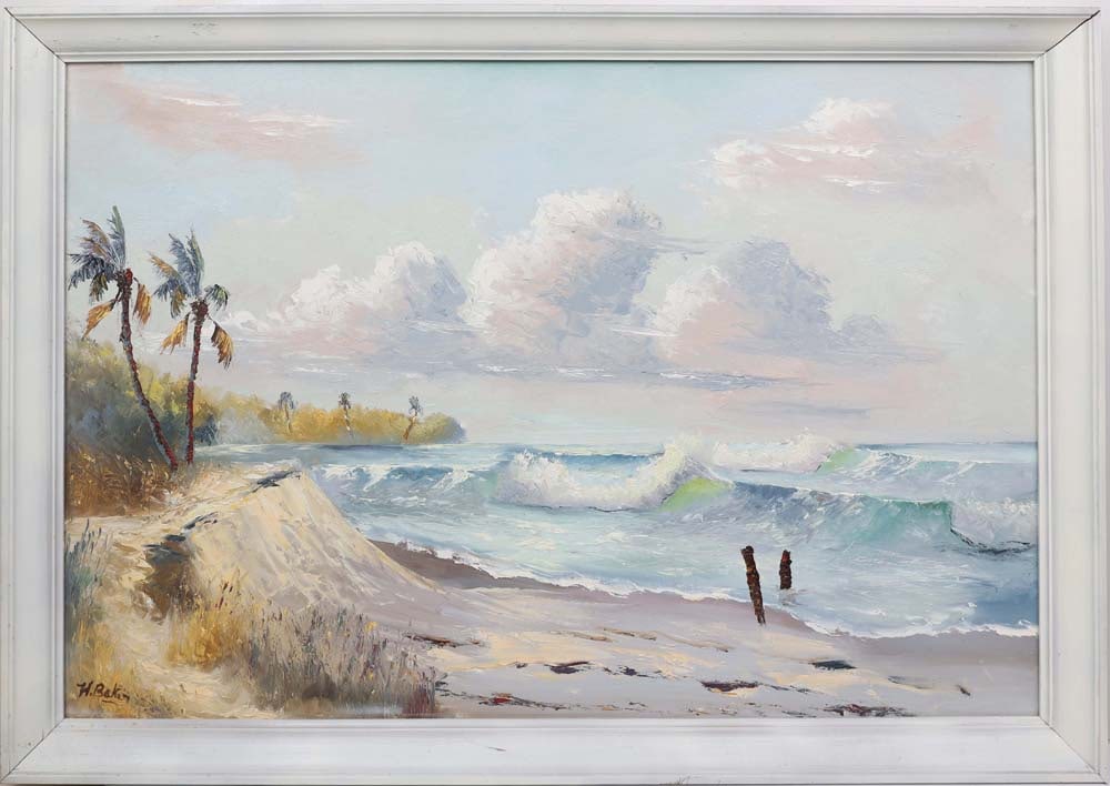 HEZEKIAH BAKER FLORIDA HIGHWAYMEN BAKERS BEST: Baker, Hezekiah (1940-2007) Florida Highwaymen Painting. Oil on Masonite - signed lower left. Executed in palette knife. Hezekiah Baker’s Florida Highwaymen painting transforms the Treasure Coas