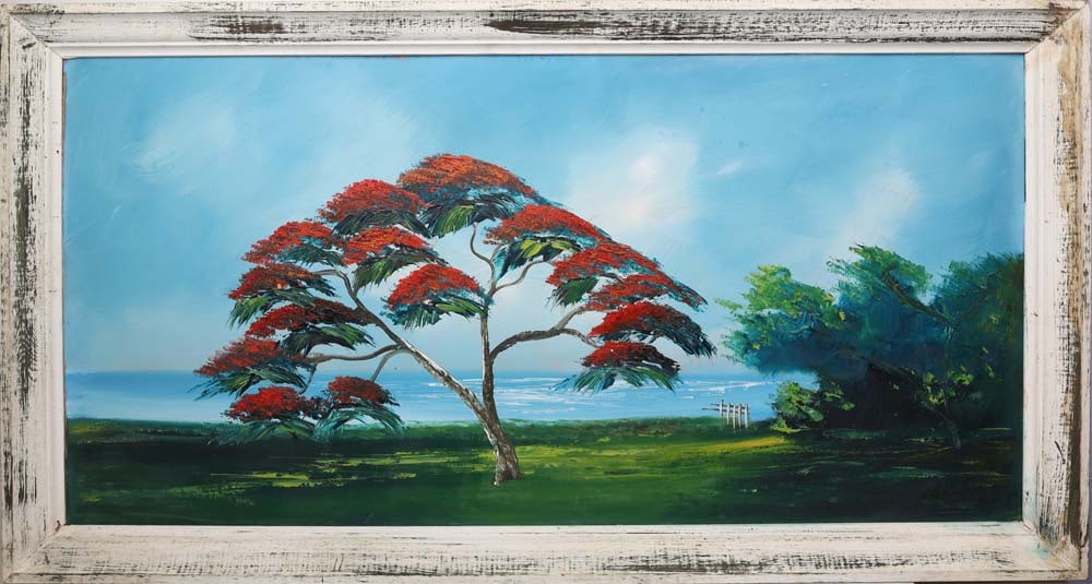 ISAAC KNIGHT FLORIDA HIGHWAYMEN MYSTERY POINCIANA: Knight, "Issac" Isaac (1942-2022) Florida Highwaymen Painting. Oil on Upson - signed lower right 1973 and on verso. Executed in brush and palette knife. This Florida Highwaymen painting by Issac Knigh