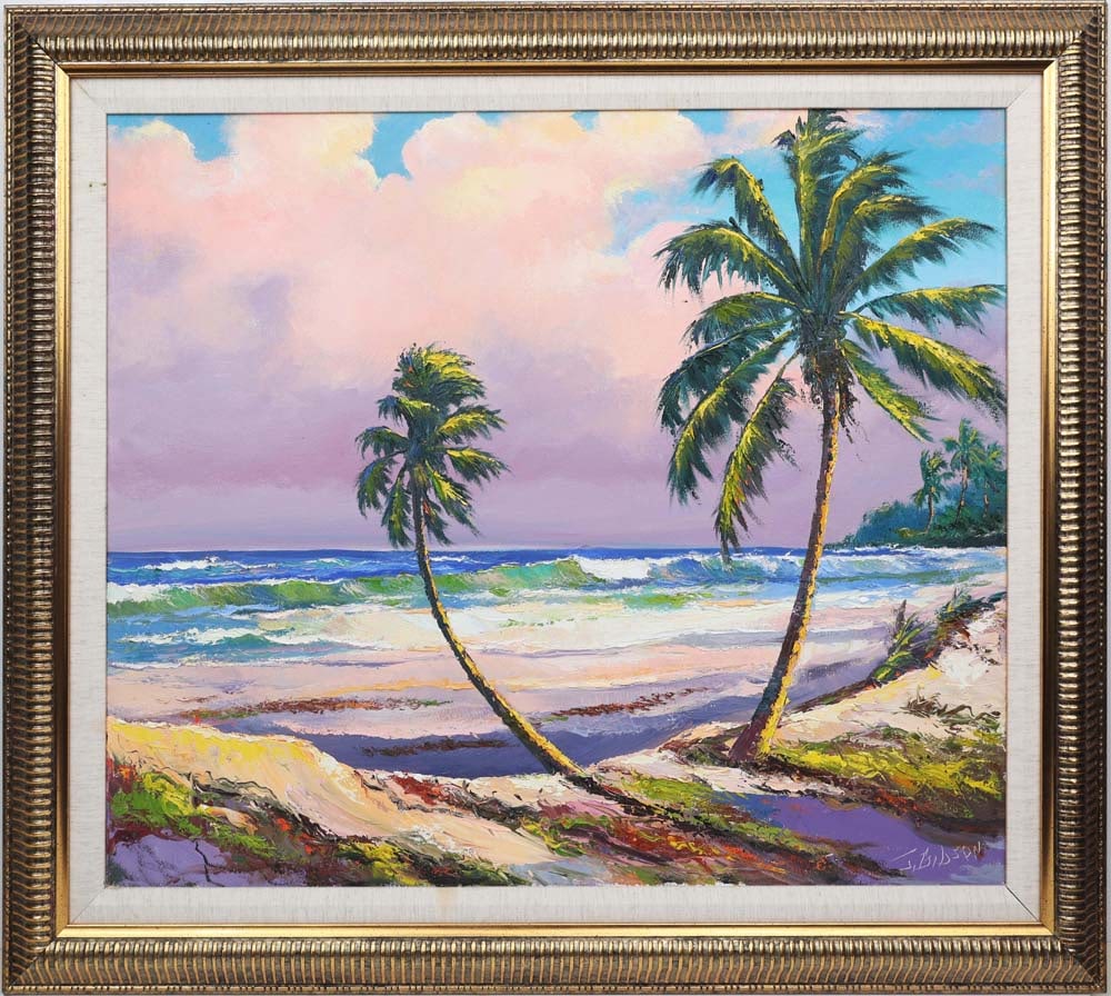 JAMES GIBSON FLORIDA HIGHWAYMEN OCEAN PALMS: Gibson, James (1938-2017) Florida Highwaymen Painting. Oil on Canvas - signed lower right and verso 2013. Executed with brush and palette knife. Two palms sway in the breeze, their movement rendered t