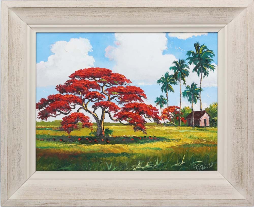 JAMES GIBSON FLORIDA HIGHWAYMEN PALETTE POINCIANA: Gibson, James (1938-2017) Florida Highwaymen Painting. Oil on Canvas - signed lower right and verso 2012. Executed in Palette knife upon a field of brushstrokes. Gibson’s 2012palette-knife paint