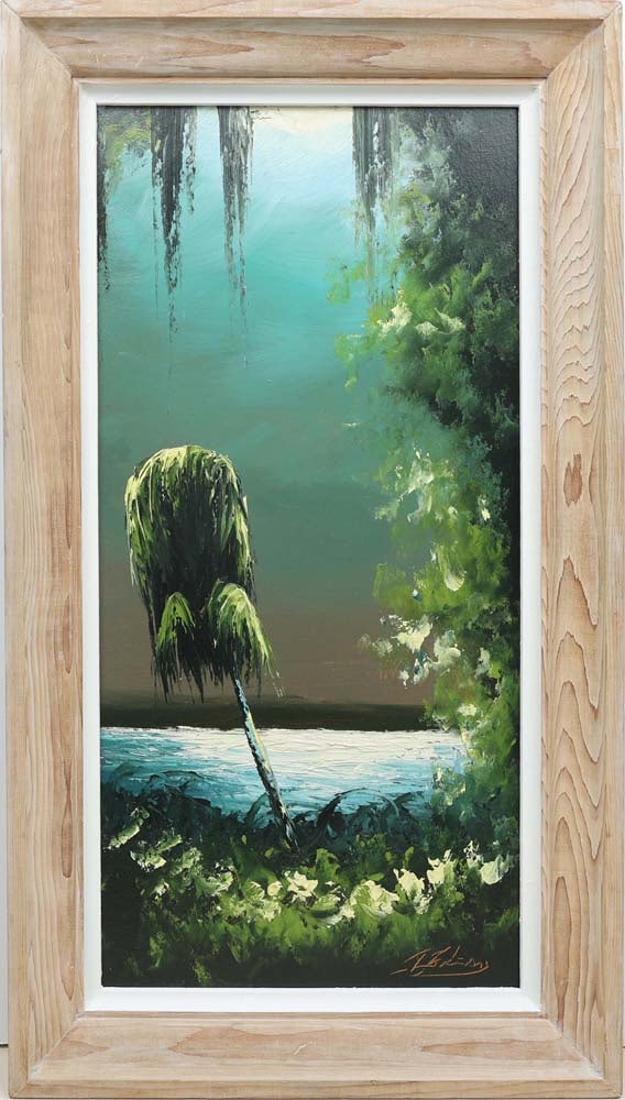 JAMES GIBSON FLORIDA HIGHWAYMEN MOONLIT SOLITUDE: Gibson, James (1938-2017) Florida Highwaymen Painting. Oil on orange peel Upson - signed lower right. Executed in palette knife and brush. James Gibson’s moonlit river scene glows with silver li