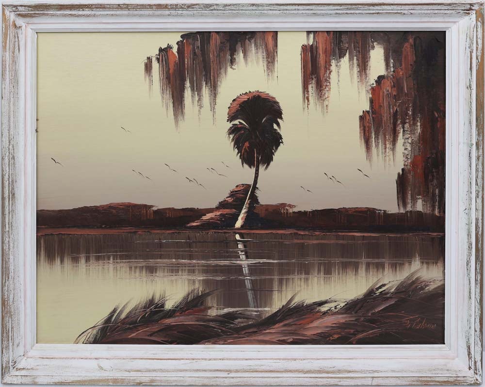 JAMES GIBSON FLORIDA HIGHWAYMEN SEPIA FLIGHT: Gibson, James (1938-2017) Florida Highwaymen Painting. Oil on Upson - signed lower right. Executed in Brush and knife. James Gibson’s sepia palette lends this river scene its signature quiet gra