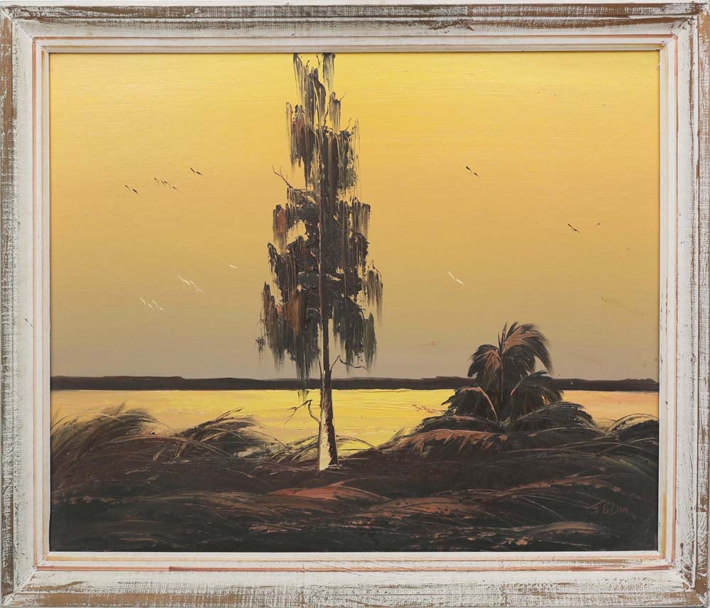 JAMES GIBSON FLORIDA HIGHWAYMEN SEPIATONE: Gibson, James (1938-2017) Florida Highwaymen painting. Oil on Upson - signed lower right. Gibson’s sepia tone palette of browns, yellows, and blacks creates a nostalgic, almost archival glow. Th