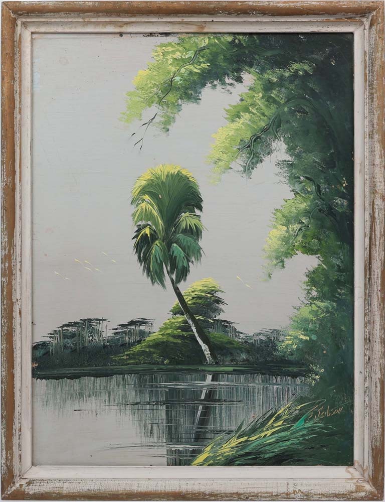 JAMES GIBSON FLORIDA HIGHWAYMEN GRAY HAVEN: Gibson, James (1938-2017) Florida Highwaymen Painting. Oil on Upson - signed lower right and stamped on verso. Executed in palette knife. Gibson’s restrained gray-green palette gives this compos