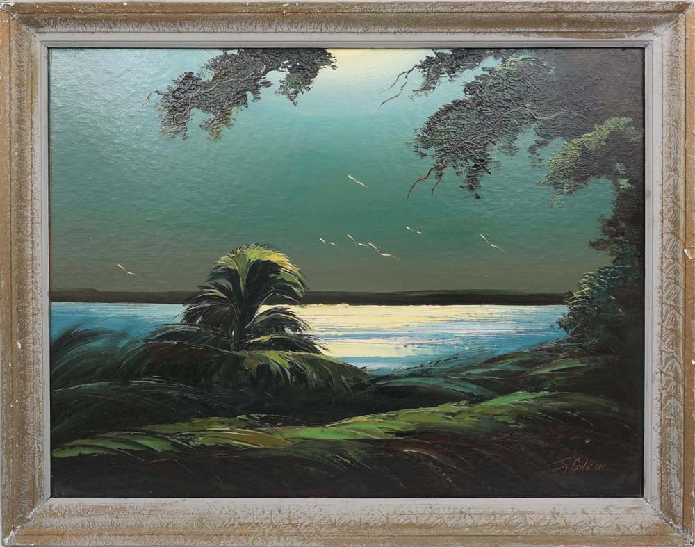 JAMES GIBSON FLORIDA HIGHWAYMEN MOONLIT PASSAGE: Gibson, James (1938-2017) Florida Highwaymen painting. Oil on Upson - signed lower right. Gibson’s moonlit river scene reveals his gift for quiet drama. The lightly rippling water becomes a silv