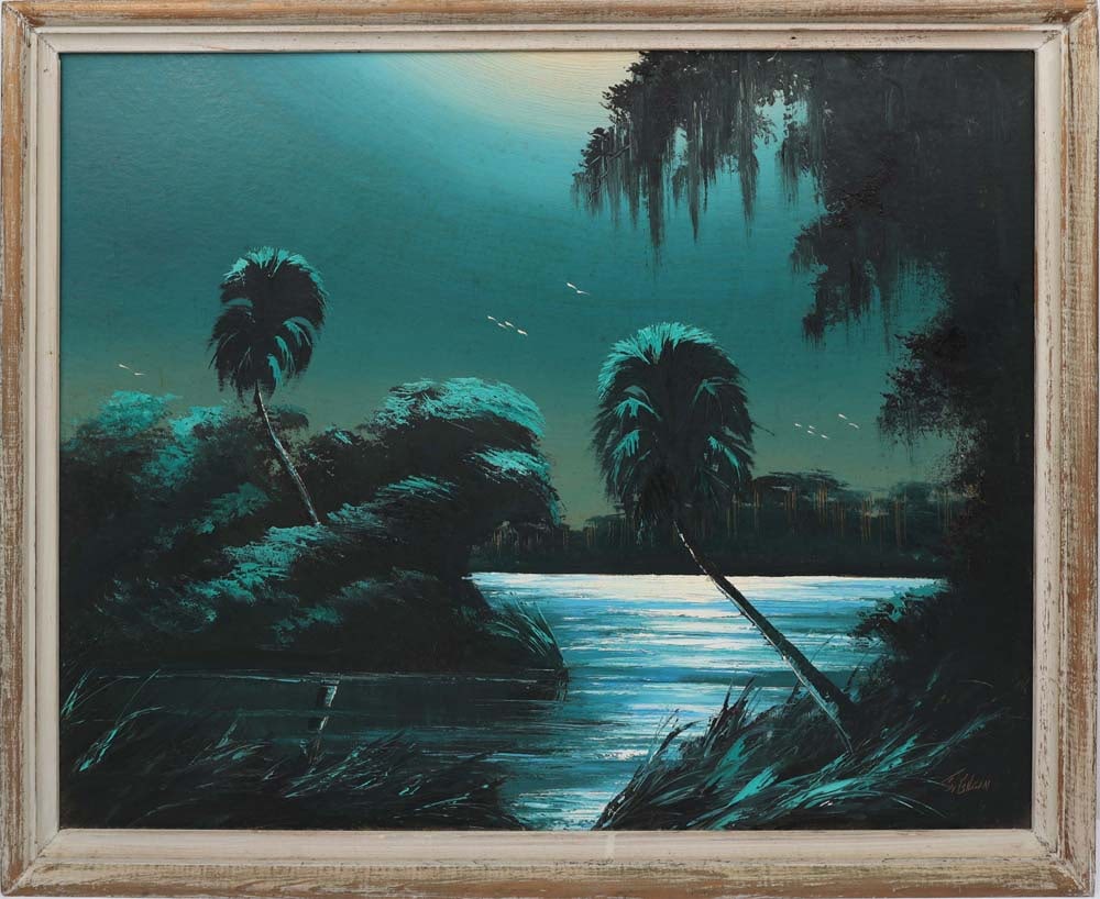 JAMES GIBSON FLORIDA HIGHWAYMEN MOONLIT RIVER: Gibson, James (1938-2017) Florida Highwaymen Painting. Oil on Linen Upson - signed lower right. Executed with brush and palette knife. A teal-blue moonlit sky casts a glistening path across the water,