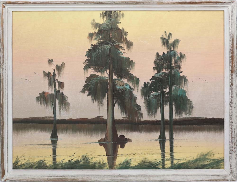 JAMES GIBSON FLORIDA HIGHWAYMEN SEPIA CYPRESS: Gibson, James (1938-2017) Florida Highwaymen Painting. Oil on Upson - signed lower right. Executed in brush and knife. James Gibson’s sepia works remain central to the Highwaymen's atmospheric t