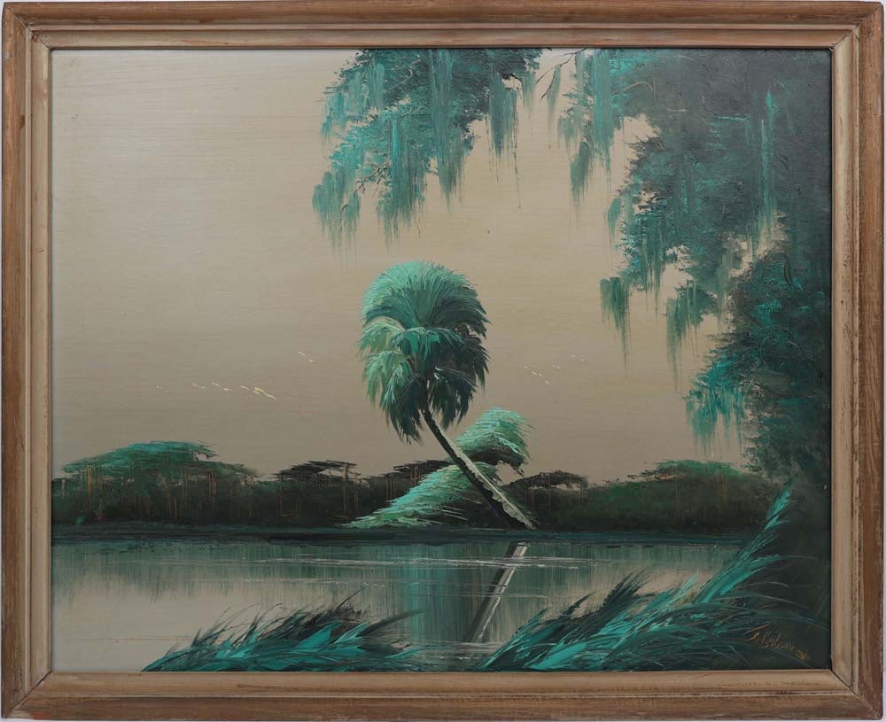 JAMES GIBSON FLORIDA HIGHWAYMEN EERY RIVERSIDE: Gibson, James (1938-2017) Florida Highwaymen Painting. Oil on Linen Upson - signed lower right. Executed with brush and palette knife. A taupe sky sets a muted atmospheric stage, with a centered palm 