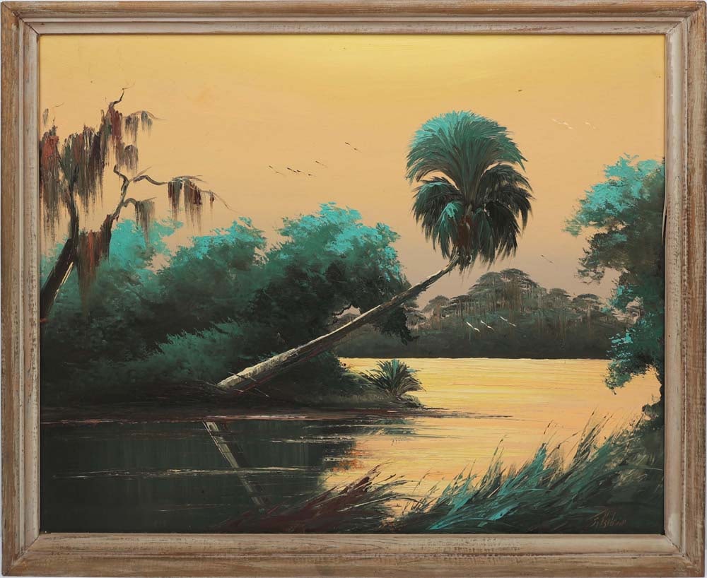 JAMES GIBSON FLORIDA HIGHWAYMEN GOLDEN SKY: Gibson, James (1938-2017) Florida Highwaymen Painting. Oil on Linen Upson - signed lower left. Executed with brush and palette knife. A golden sky spills its radiance onto the waterway, creating a lum