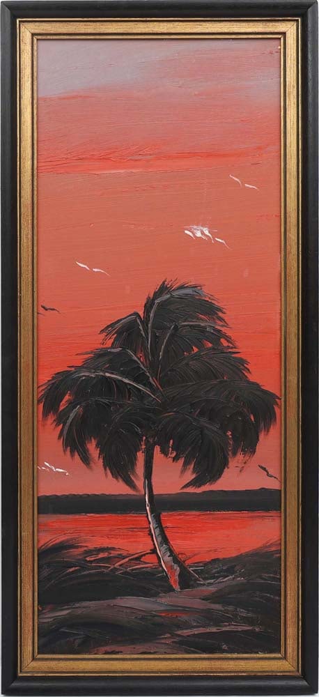 JAMES GIBSON FLORIDA HIGHWAYMEN UNSIGNED: Gibson, James (1938-2017) Florida Highwaymen Painting. Oil on Linen Upson - UNSIGNED. Executed in brush and palette knife. Gibson’s unsigned red monochrome reveals his unmistakable hand. Black d