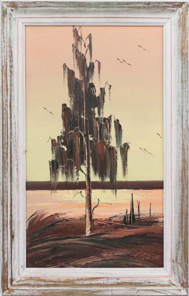 JAMES GIBSON FLORIDA HIGHWAYMEN SEPIA GUARDIAN: Gibson, James (1938-2017) Florida Highwaymen Painting. Oil on Upson - signed lower right. Executed in brush and knife. James Gibson’s sepia compositions remain touchstones of Highwaymen restrain