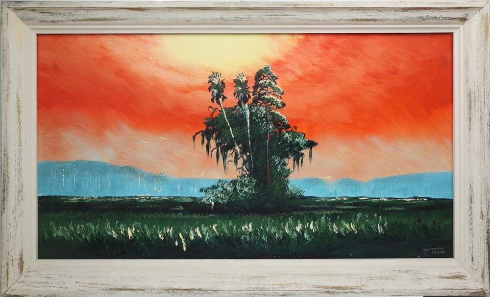 JOHN MAYNOR FLORIDA HIGHWAYMEN PARADISE ISLAND: Maynor, John (1948-2016) Florida Highwaymen painting. Oil on Masonite - signed lower right. Executed with brush and palette knife. A spoil island rises at center, crowded with multiple trees that comm