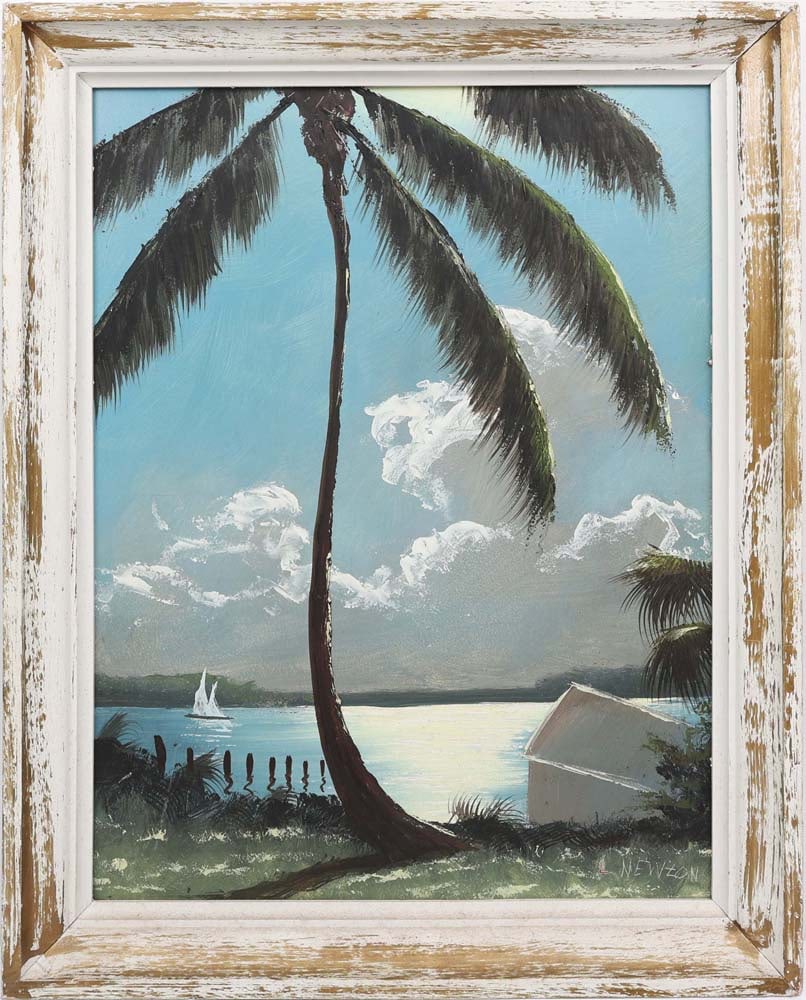 LEMUEL NEWTON FLORIDA HIGHWAYMEN SAILING ST. LUCIE: Newton, Lemuel (1950-2014) Florida Highwaymen painting. Oil on Masonite - signed lower right. Executed with brush and palette knife. A full-grown palm commands the center, its fronds rendered with met