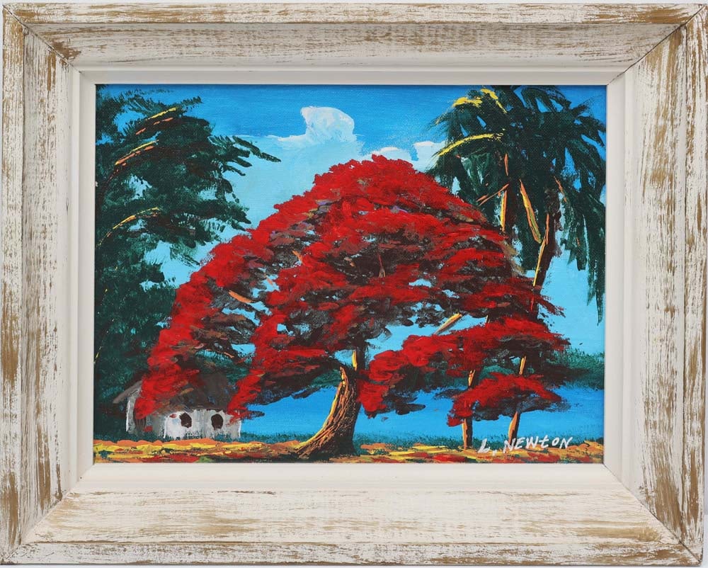 LEMUEL NEWTON FLORIDA HIGHWAYMEN SCARLET REFUGE: Newton, Lemuel (1950-2014) Florida Highwaymen Painting. Oil on Canvas Board - signed lower right, dated 2005 on reverse. Executed in brush and knife. Lemuel Newton’s small-scale Royal Poinciana 