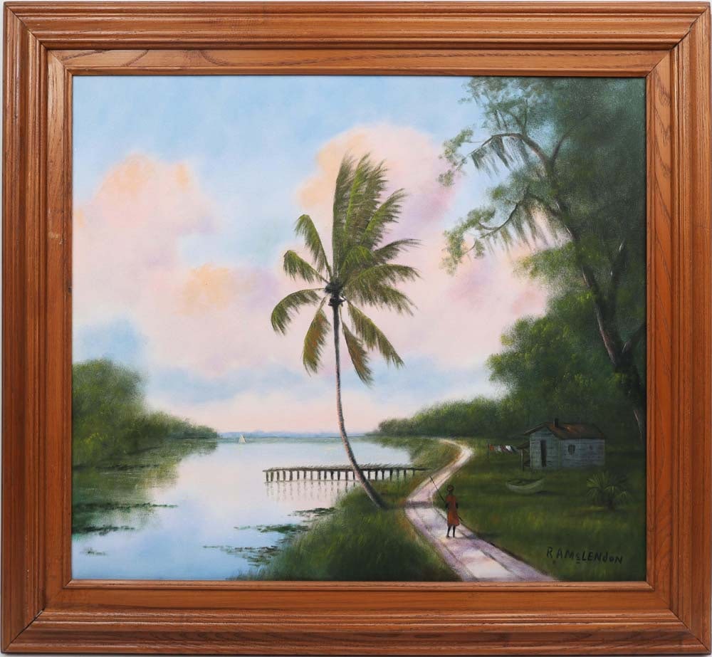 R.A. MCLENDON FLORIDA HIGHWAYMEN CANE POLE SUNDAY: McLendon, R.A. “Roy” (1932-2024) Florida Highwaymen Painting. Oil on Canvas - signed lower right. Executed in brush. a winding river road along the Indian River shore, where a humble home 