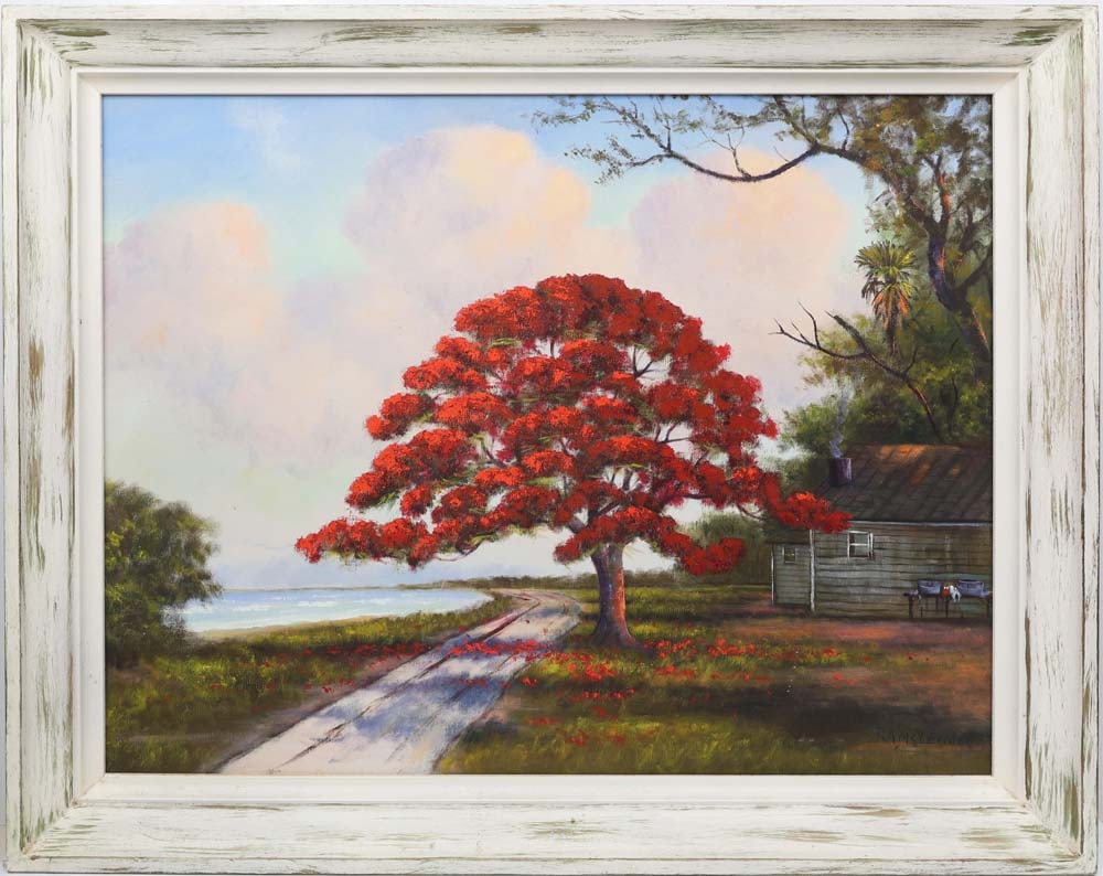 R.A. MCLENDON FLORIDA HIGHWAYMEN RED SPLENDOR: McLendon, R.A. “Roy” (1932-2024) Florida Highwaymen Painting. Oil on Canvas - signed lower right. Executed in brushwork. Roy McLendon’s late-life winding-road scene along Indian Rive