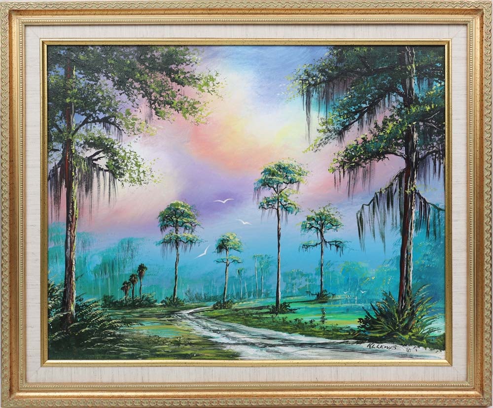 R.L. LEWIS FLORIDA HIGHWAYMEN MYSTICAL SKY: Lewis, R. L. “Robert” (1941-2026) Florida Highwaymen Painting. Oil on Canvas - signed lower right and verso. Executed in brush. A dirt road cuts through the composition, its rough path gui