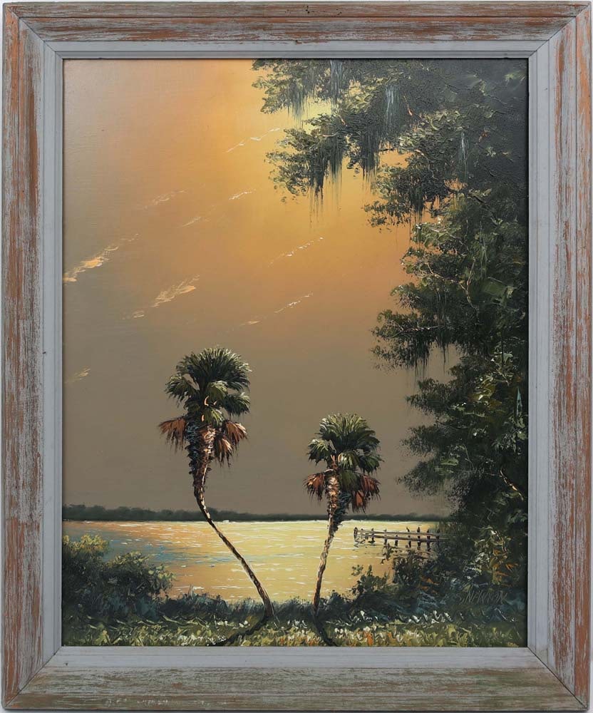 SAM NEWTON FLORIDA HIGHWAYMEN GOLDEN HOUR: Newton, Samuel (B.1948) Florida Highwaymen Painting. Oil on Transitional Masonite - signed lower right. Executed in palette knife upon a field of brushstrokes. Golden Hour of Two Palm Trees Along the 