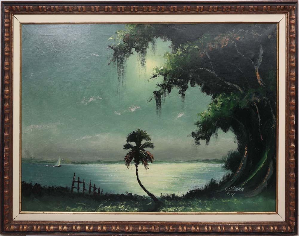SAM NEWTON FLORIDA HIGHWAYMEN NIGHT SKY: Newton, Samuel (B.1948) Florida Highwaymen Painting. Oil on Canvas - signed lower right 1971. Executed with brush and palette knife. A massive tree commands the composition, its limbs stretching over 