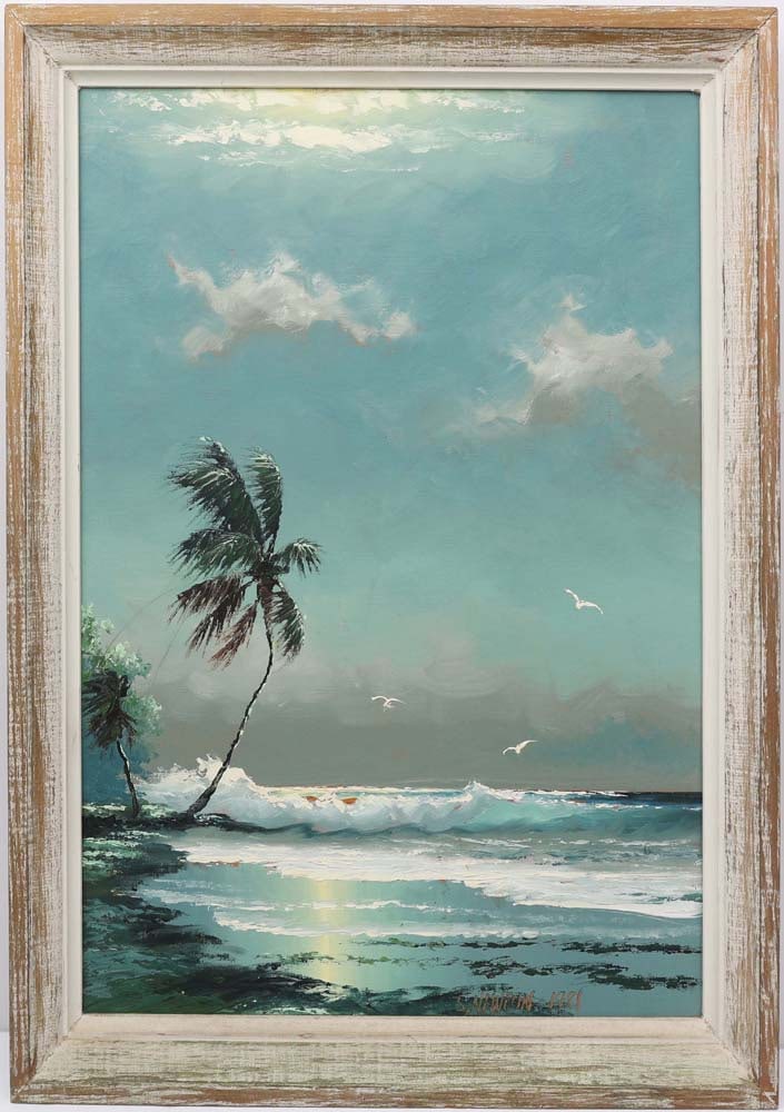 SAM NEWTON FLORIDA HIGHWAYMEN SUMMER SHORE: Newton, Samuel (B.1948) Florida Highwaymen Painting. Oil on Upson - signed lower right 1981. Executed in brush and palette knife. Sam Newton’s 1981 North Shore scene exemplifies the lyrical dire