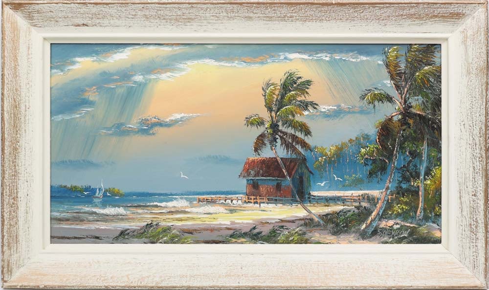 SAM NEWTON FLORIDA HIGHWAYMEN FISHING SHACK: Newton, Samuel (B.1948) Florida Highwaymen Painting. Oil on Masonite - signed lower right. Executed with brush and palette knife. Fading daylight radiates from the center, its glow dissolving into rai