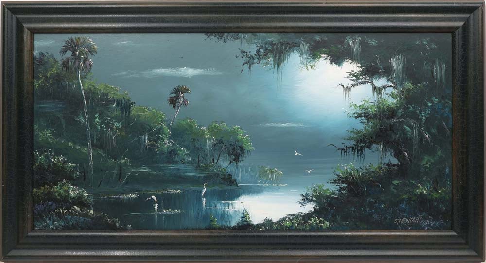 SAM NEWTON FLORIDA HIGHWAYMEN MOONLIT RIVER: Newton, Samuel (B.1948) Florida Highwaymen painting. Oil on Masonite - signed lower right. Executed with brush and palette knife. Moonlight dissolves into soft gray strokes, the sky rendered with a mu