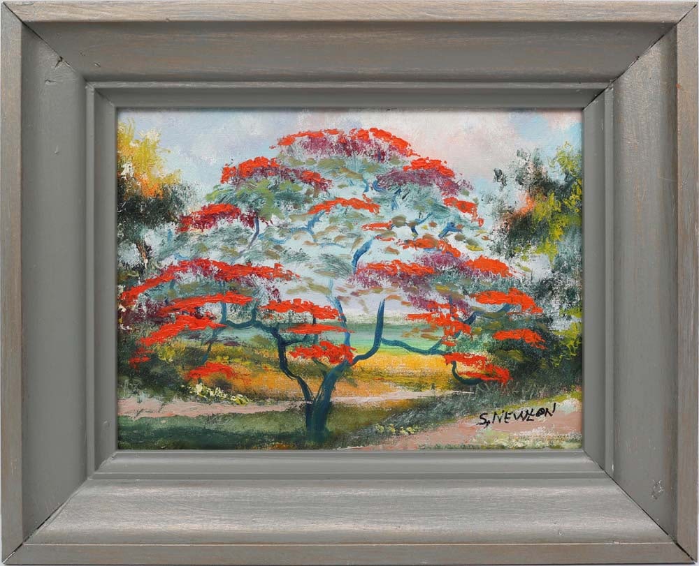SAM NEWTON FLORIDA HIGHWAYMEN POINCIANA: Newton, Samuel (B.1948) Florida Highwaymen Painting. Oil on Canvas Board - double signed lower right. Executed with brush and palette knife. The artist orchestrates a luminous sky of lavender and blue