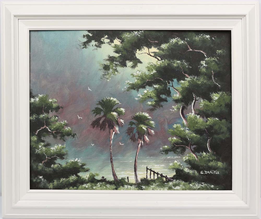 WILLIE DANIELS FLORIDA HIGHWAYMEN TWIN PALMS: Daniels, Willie (1950-2021) Florida Highwaymen Painting. Oil on Canvas Board - signed lower right. Executed with brush and palette knife. The artist transitions blue into purple along the shoreline wi