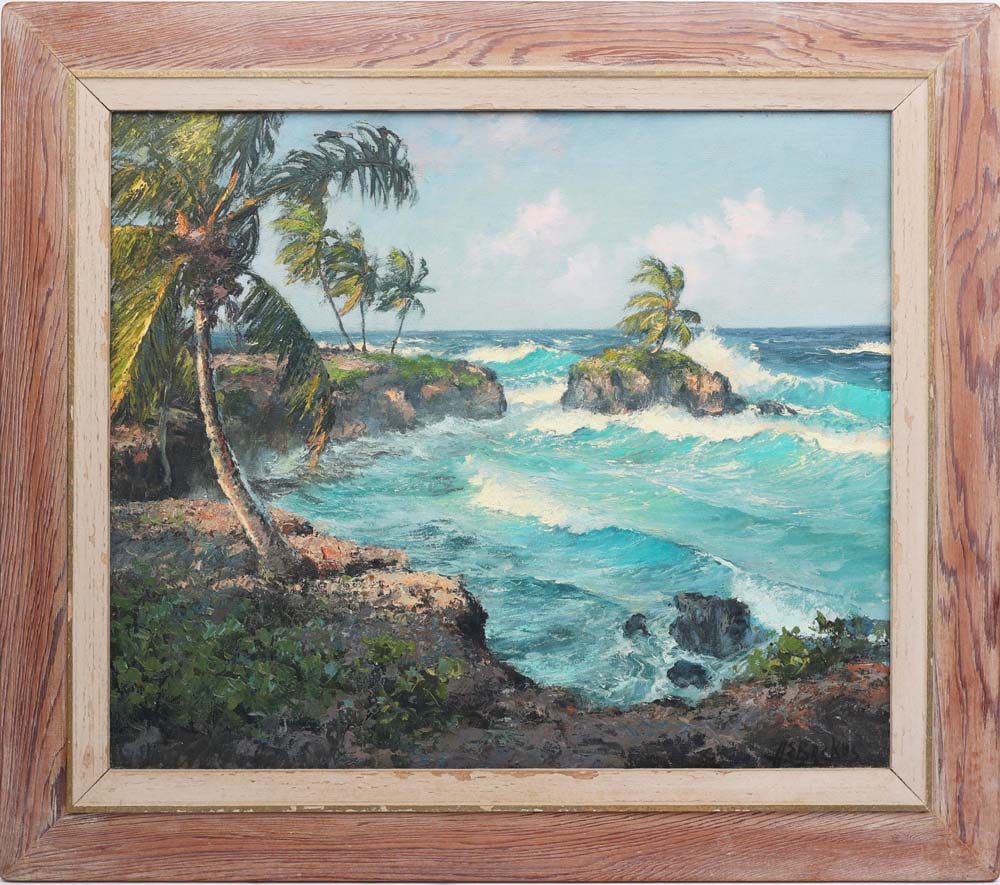 A.E. BACKUS FLORIDA ARTIST 1956 LONG BAY COASTLINE: Backus, Albert Ernest "Beanie" (1906 - 1990) Indian River School, founder of the Highwaymen movement - Florida Hall of Fame Artist. Oil on Canvas - signed lower right. Accompanied by a receipt from th