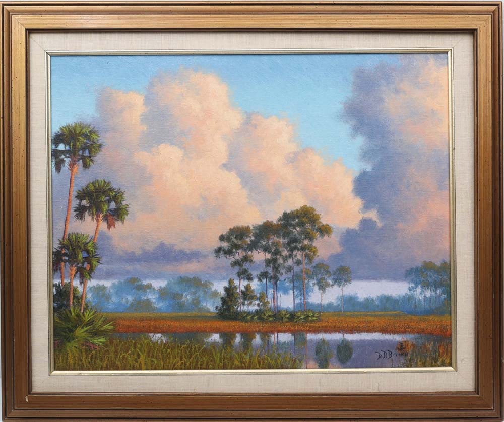 DON D BROWN FLORIDA ARTIST RESPLENDENT SCENE: Brown, Don. D.D. (B. 1947) Indian River School Artist. Oil on Canvas - signed lower right. tropical wetlands unfold in a luminous, atmospheric landscape shaped by the influence of his mentor, Albert B